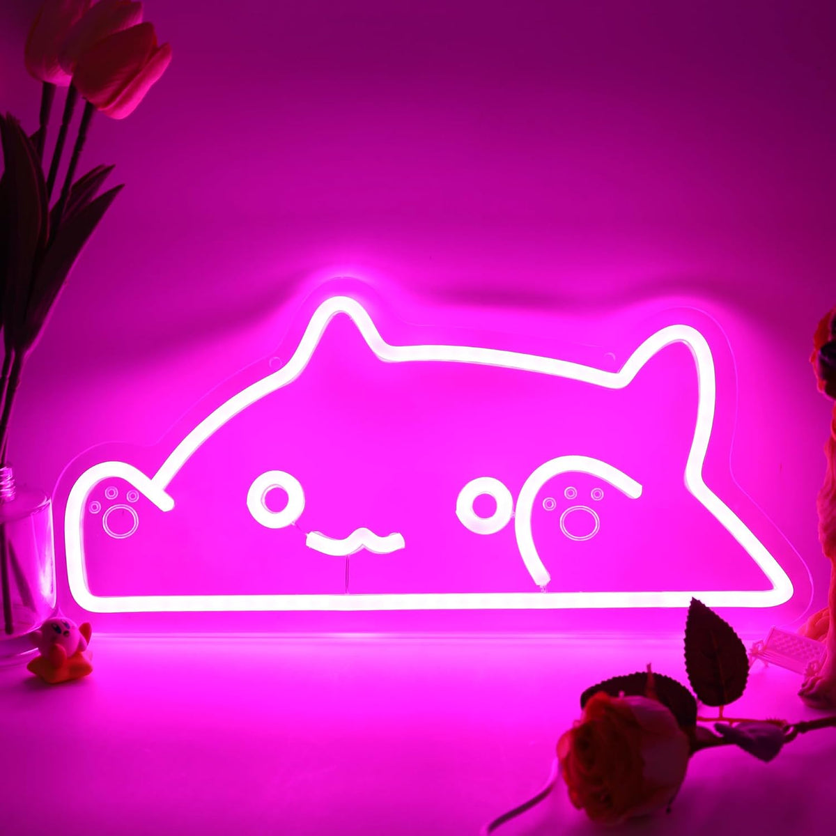 Letrero neón LED rosa forma gato USB decoración dormitorio