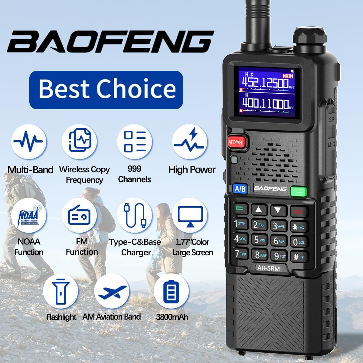 Radio Ham 10W portátil NOAA 3800mAh Walkie Talkies USB-C