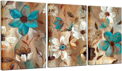 Pintura abstracta flores lienzo azul blanco enmarcada