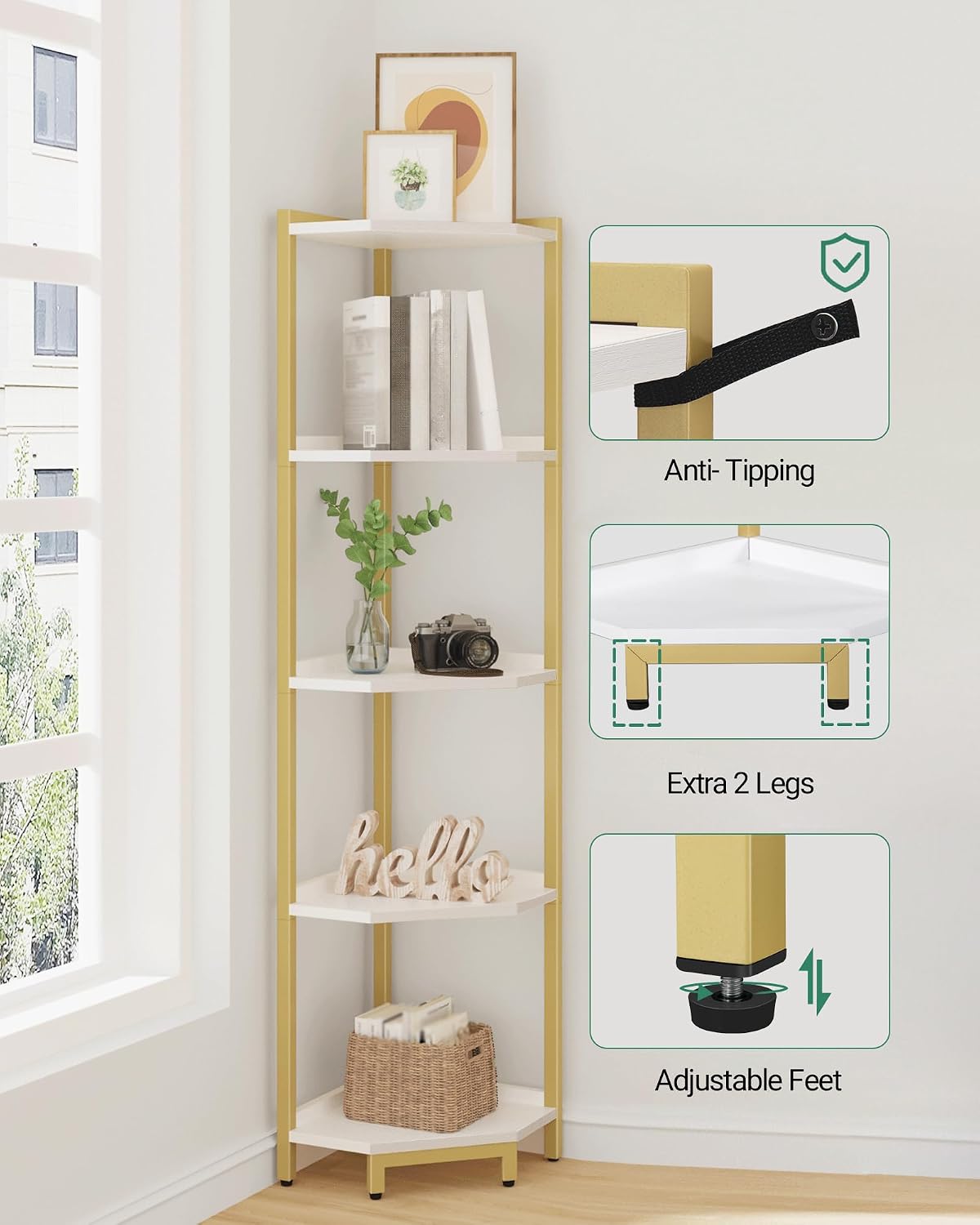 Estante de esquina con soporte para plantas y libros