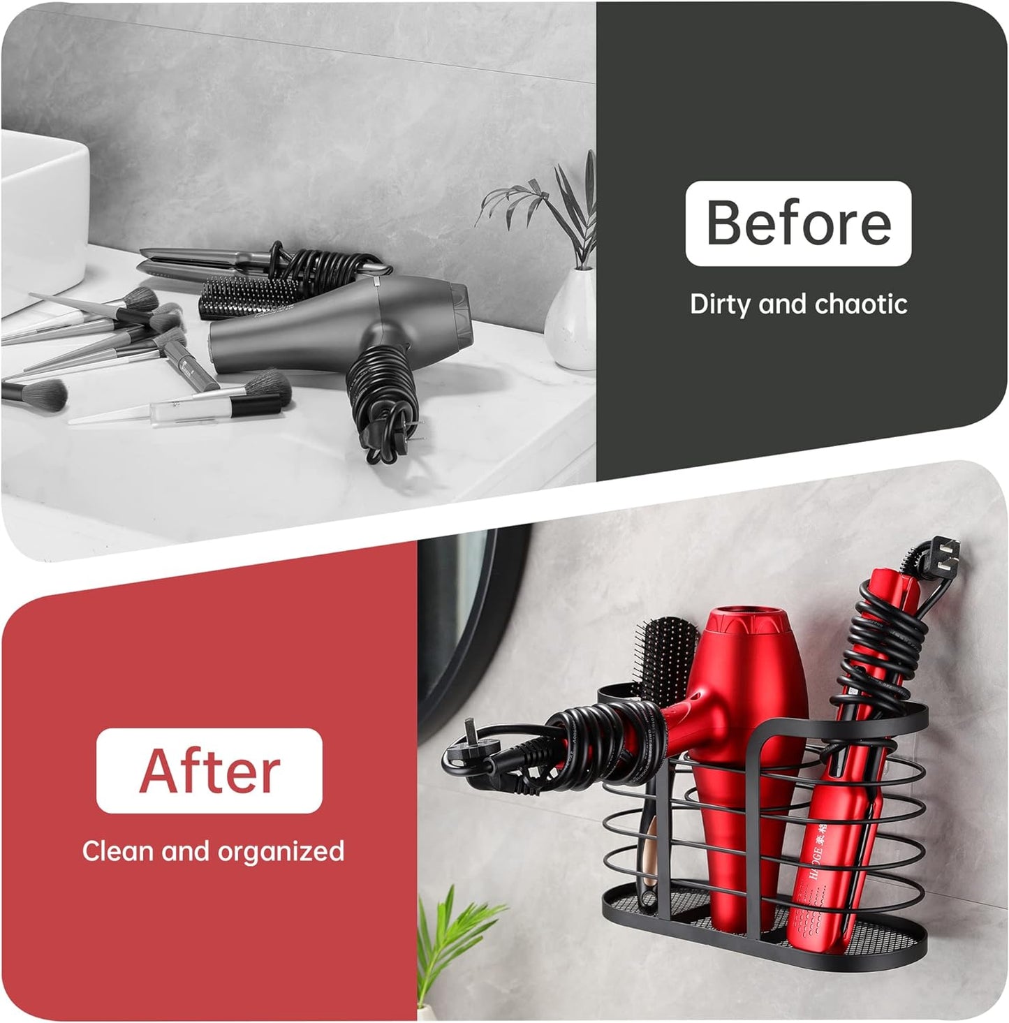 Soporte secador pelo pared adhesivo organiz. baño negro