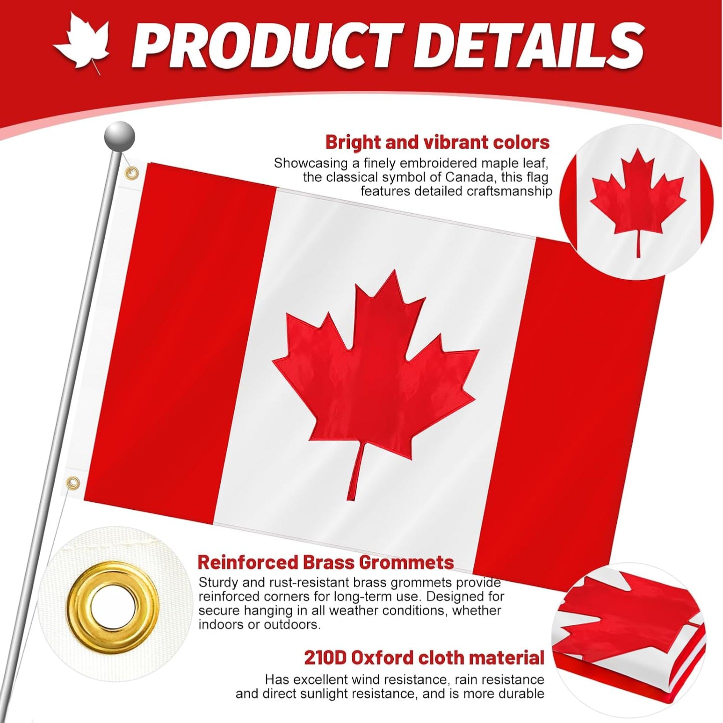 Bandera Canadá 3x5ft tela Oxford 210D arce bordado