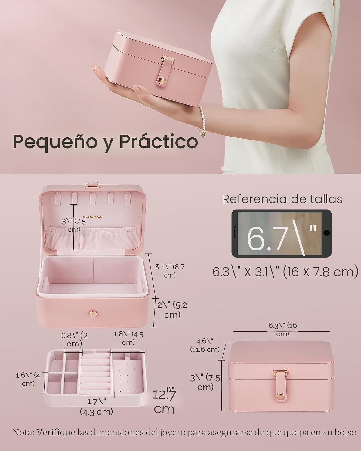 Caja organizadora joyas 2 capas viaje rosa