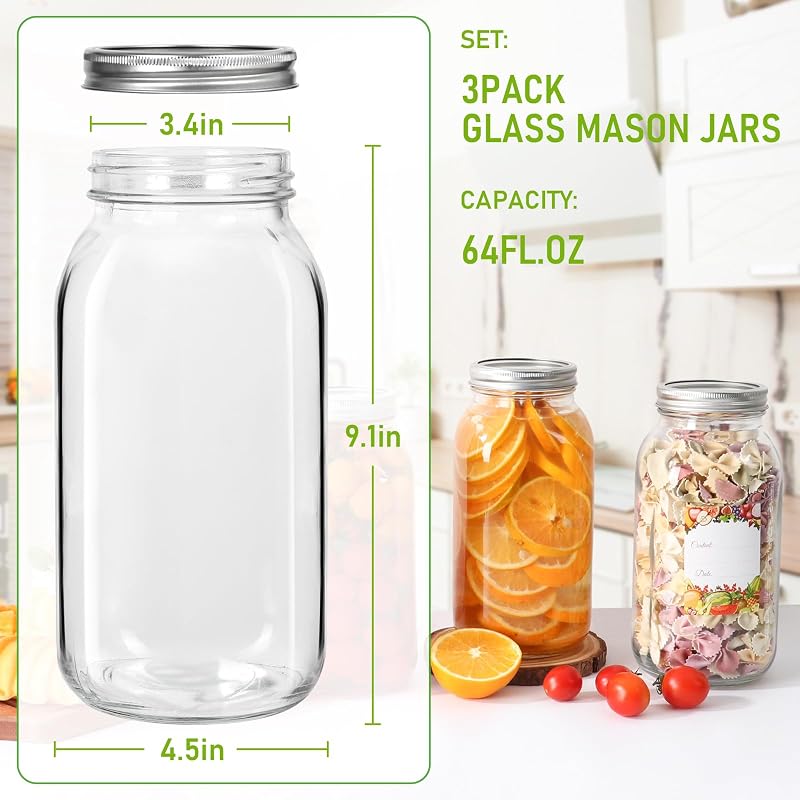 3 Pzas Tarros Vidrio 64oz Tapas Herméticas Reutilizables