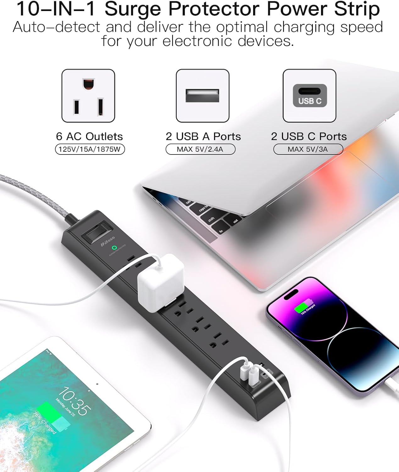 Regleta sobretensiones 15ft 4 USB 2 USB-C 6 tomas CA pared