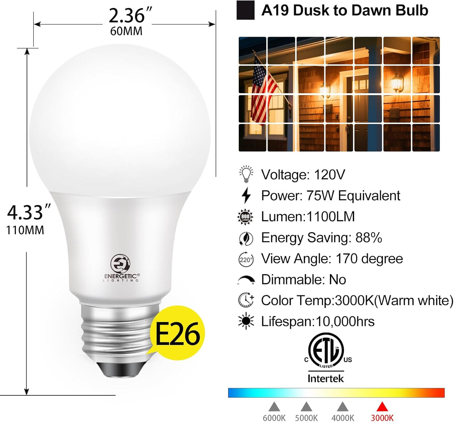 Bombilla LED exterior 9W 3000K con sensor automático base