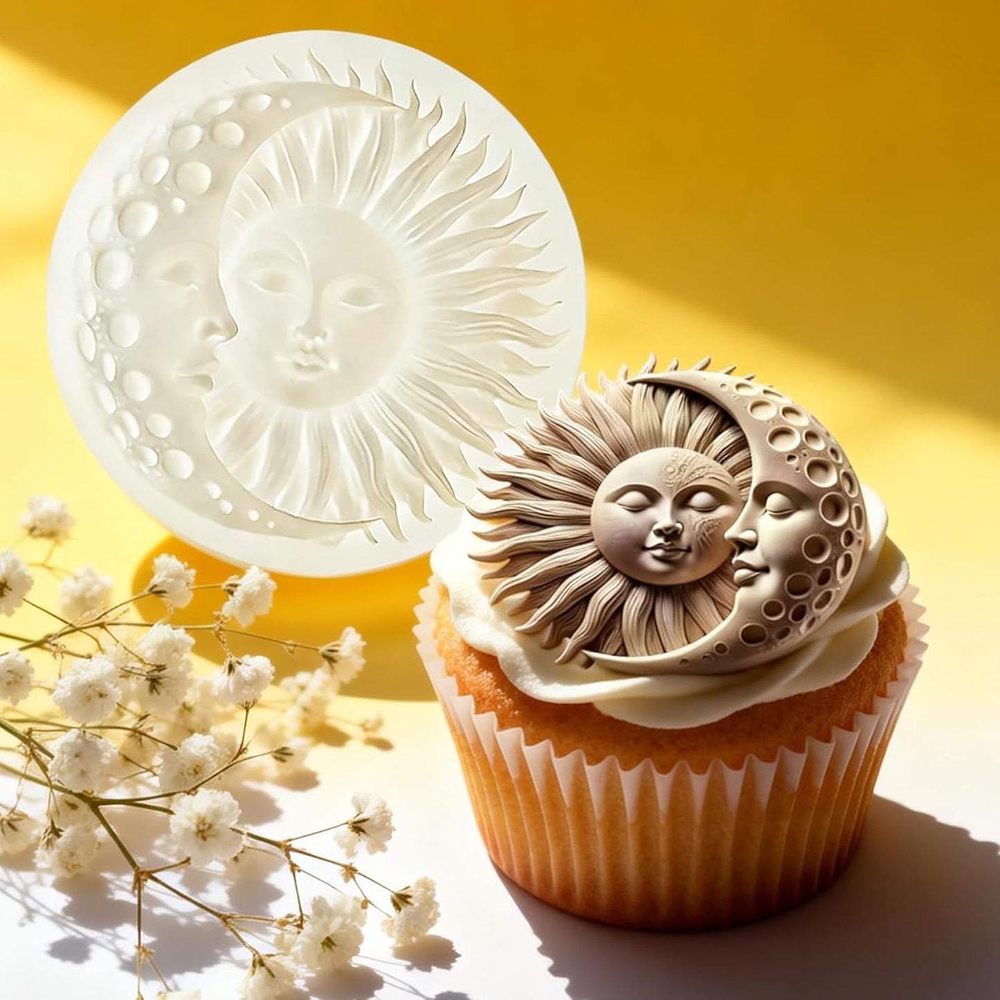 Molde silicona fondant cara sol luna decoración cupcakes galletas
