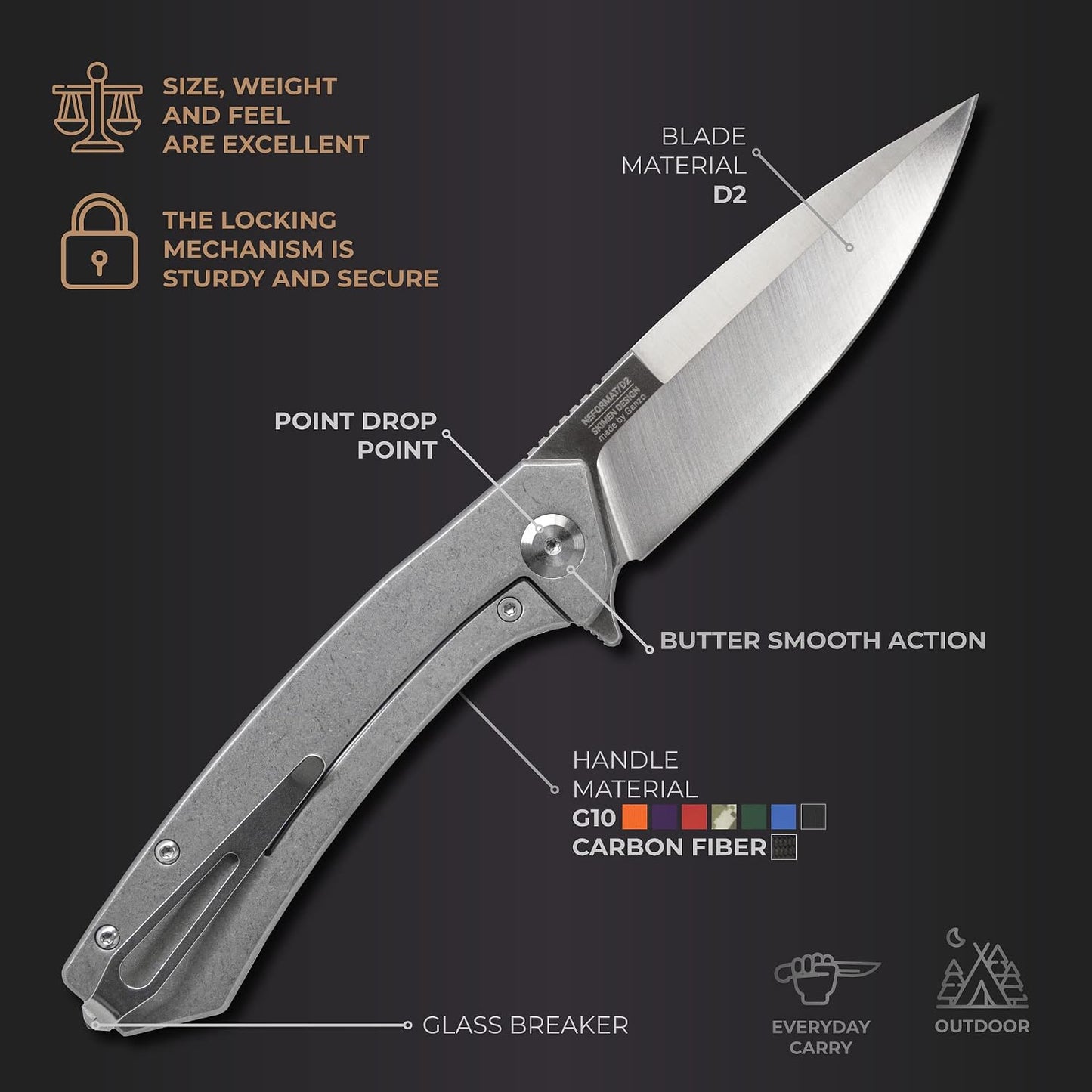 Cuchillo plegable G10 mango clip D2 EDC morado