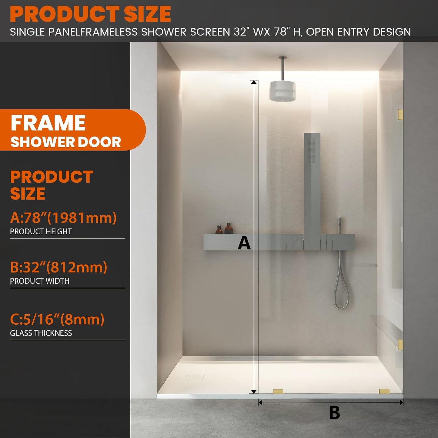 Puerta ducha cristal 32x78pulg vidrio templado oro cepillado