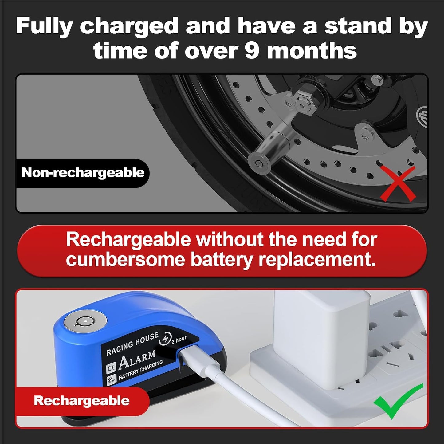 Cerradura motocicleta alarma 110 dB carga rápida 2h