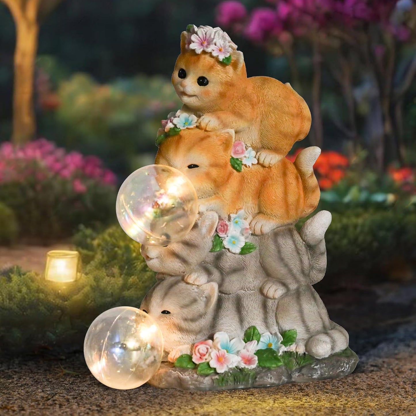Estatua gato resina con luces LED para jardín