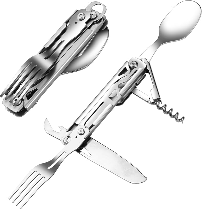 Juego 6en1 acero inox cubiertos plegables para campamento