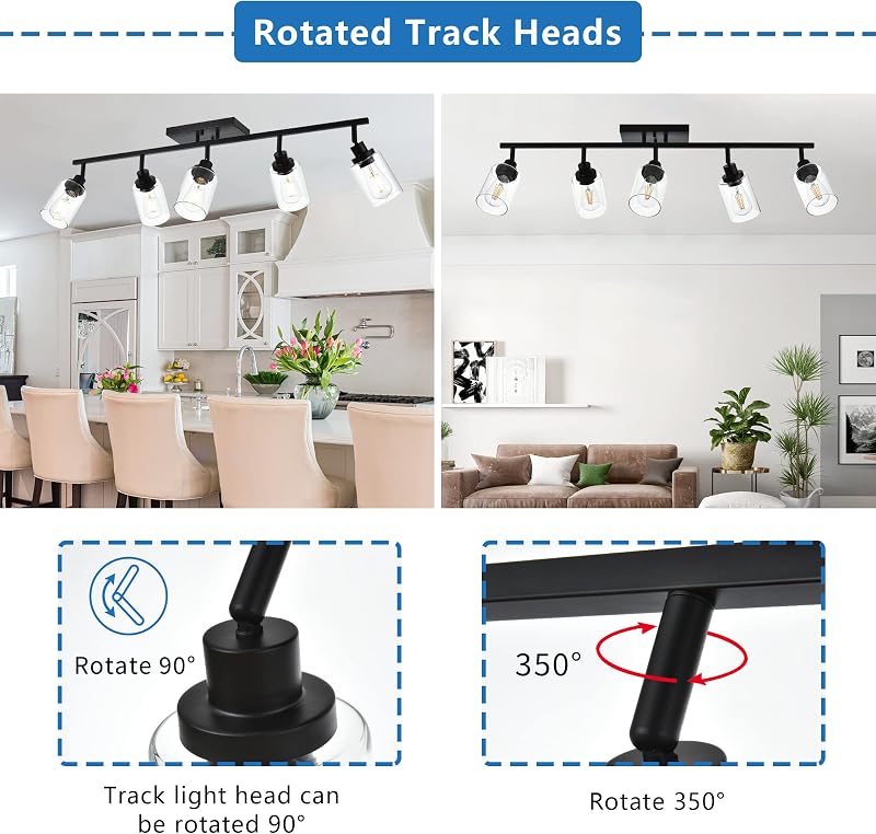 5 Luces Tocador Baño Cabezal Giratorio Negro Vidrio