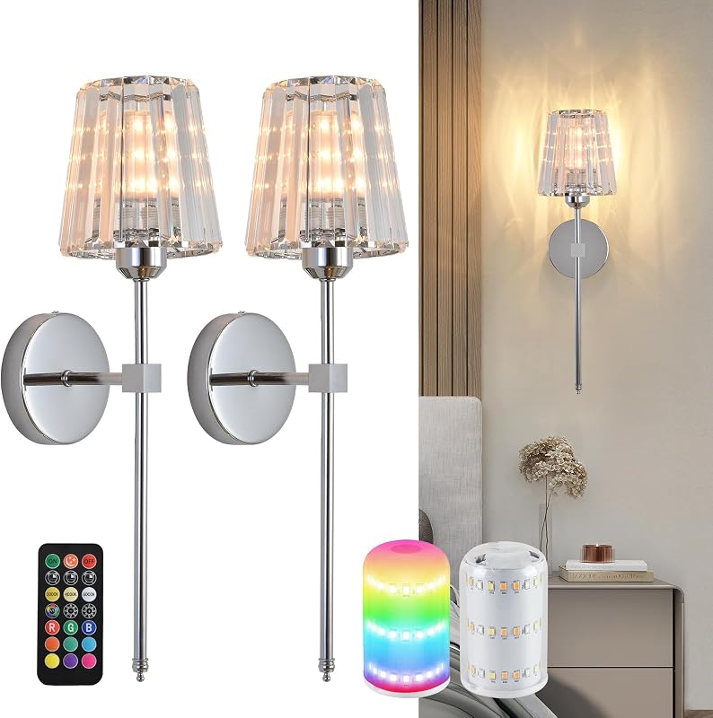 2 Apliques Pared LED Cristal Recargables USB 12 Colores