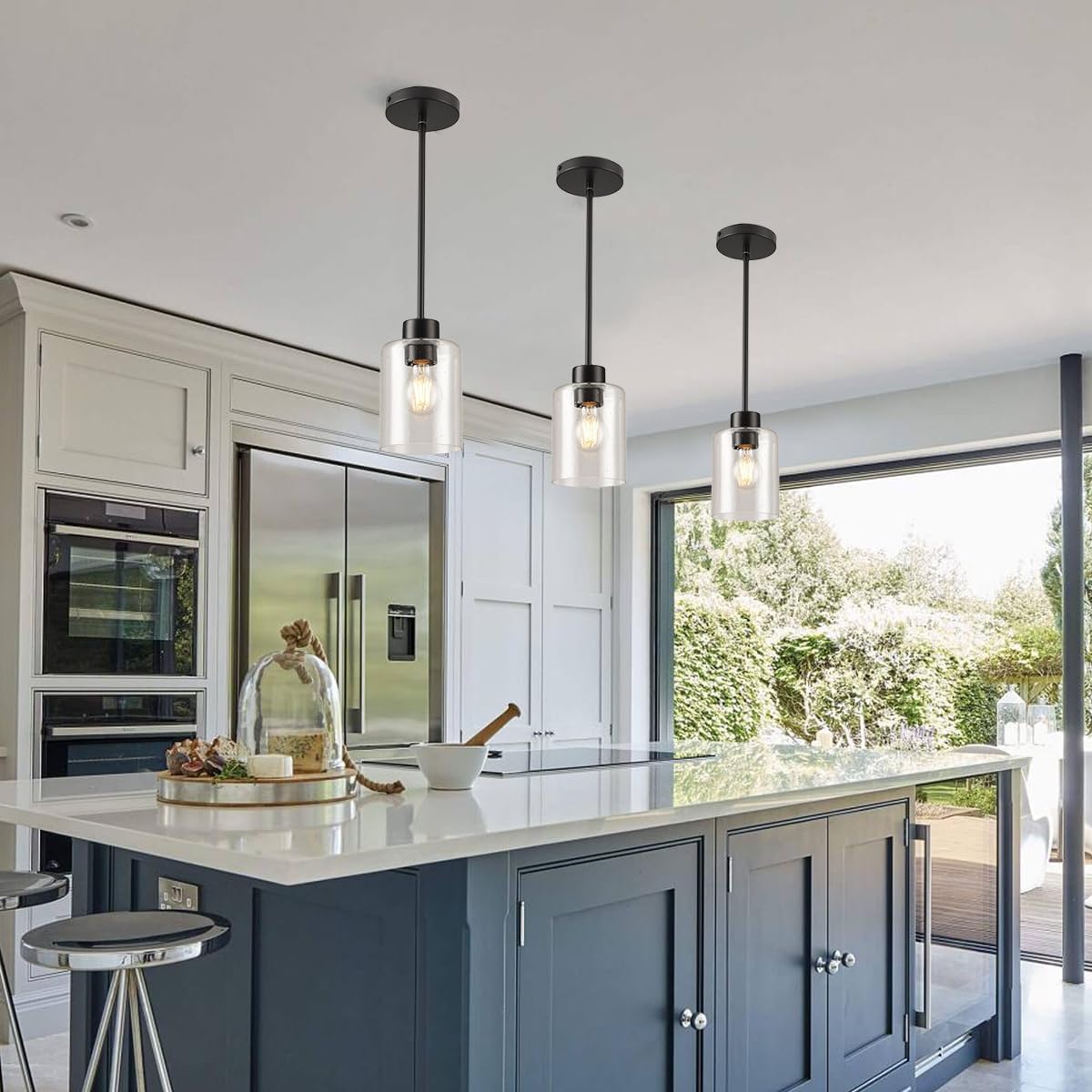 Luces colgantes isla cocina vidrio texturizado 12x4pulg 3uds