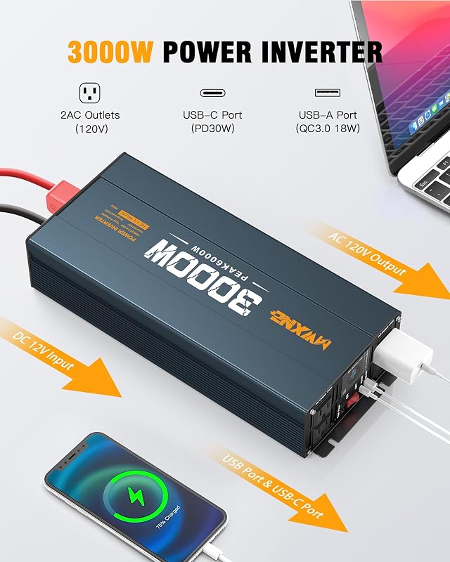 Inversor 3000W DC12V a AC120V con 4 salidas CA USB PD30W