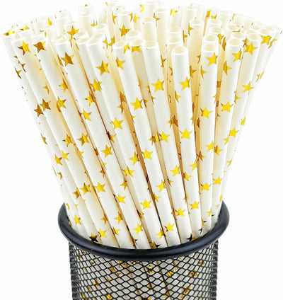 100 Pajitas Papel Estrellas Doradas para Cóctel y Eventos
