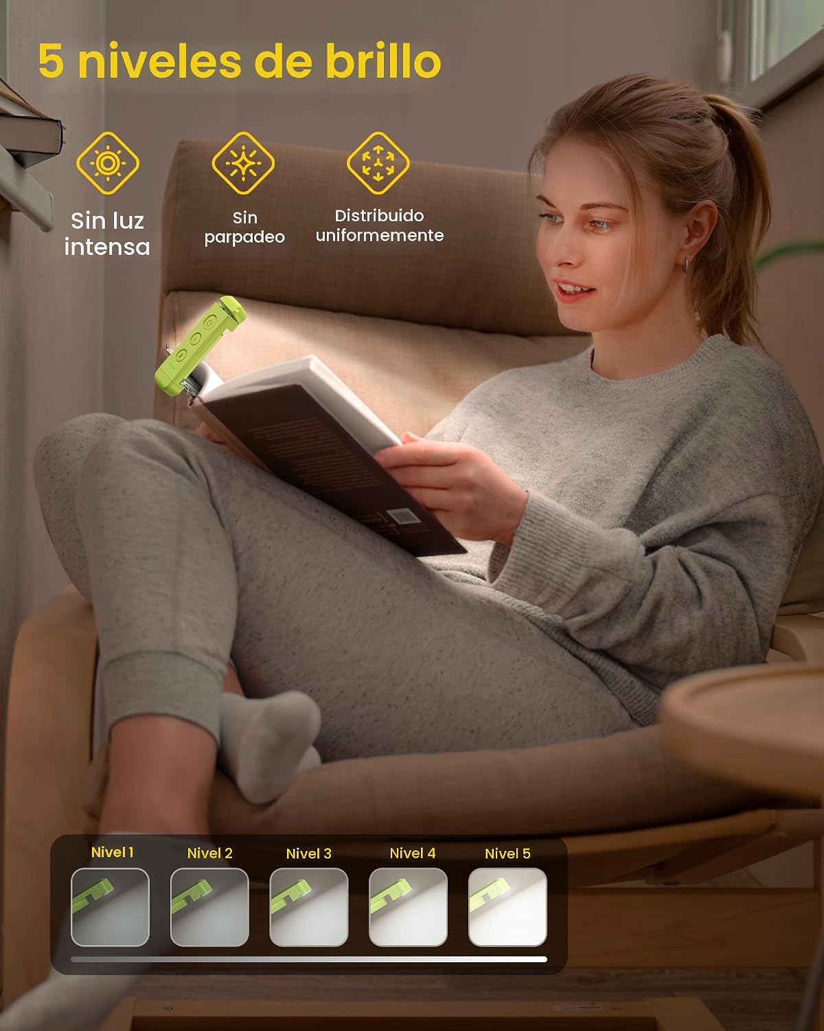 Luz lectura LED recargable USB con clip 3 colores 5 brillo