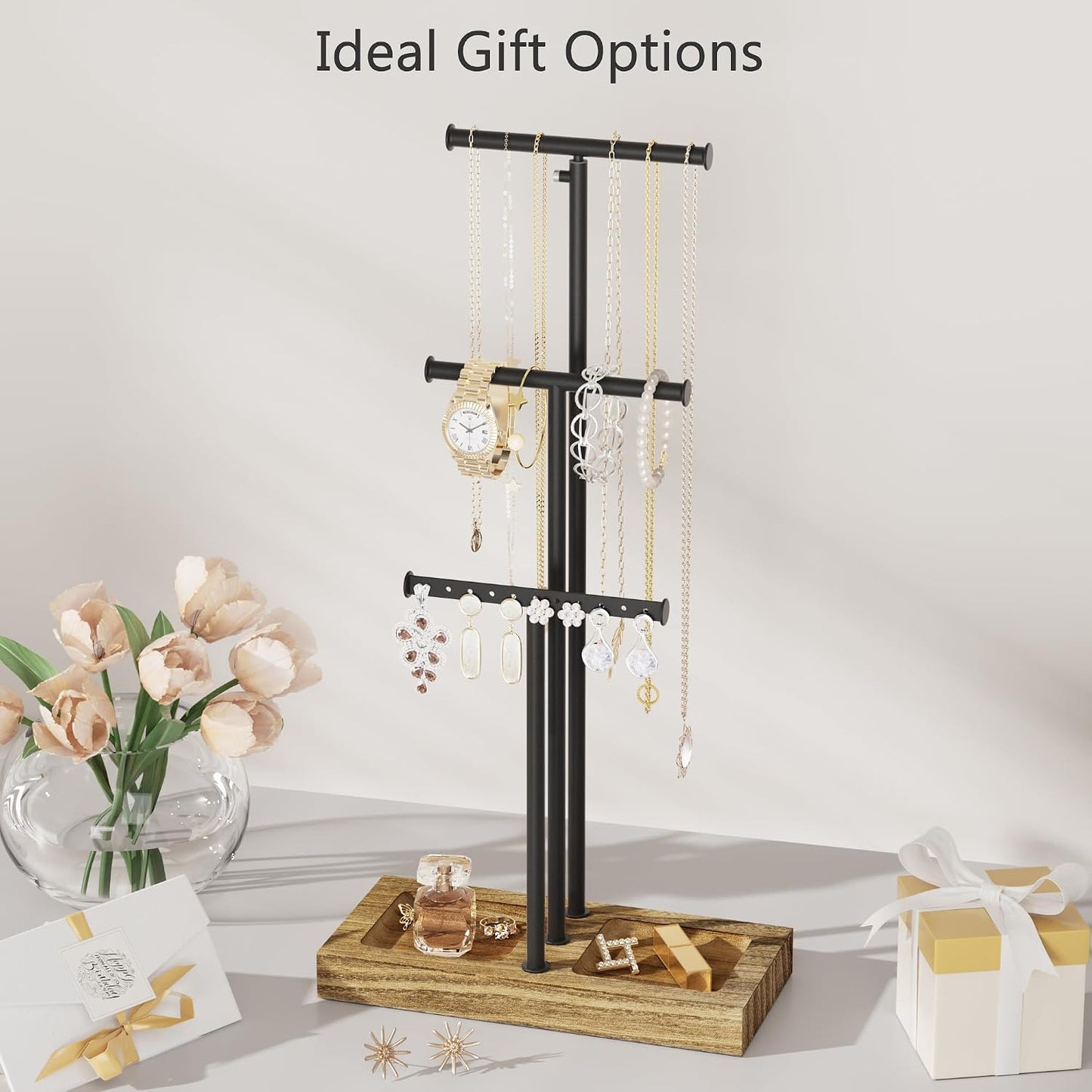Organiz. joyas soporte metal base madera negro