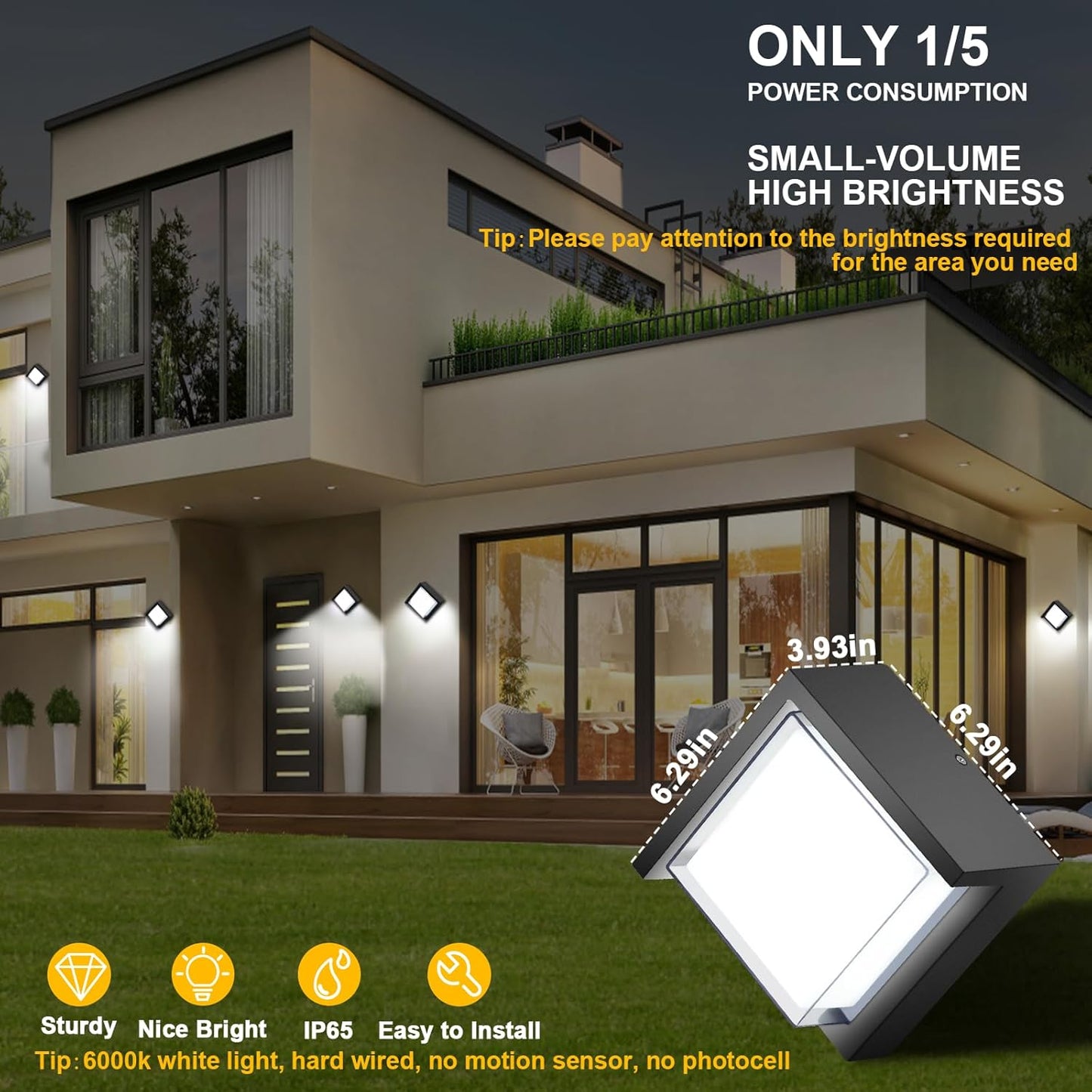 Luz pared exterior LED 12W 6000K cuadrado negro resistente agua