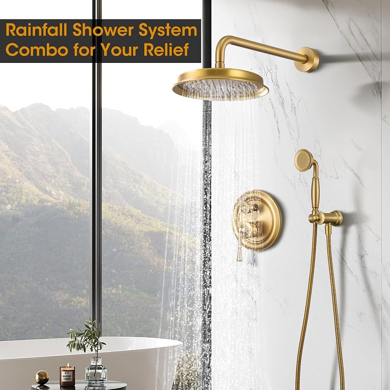 Cabezal ducha lluvia dorado cepillado 9pulg con válvula
