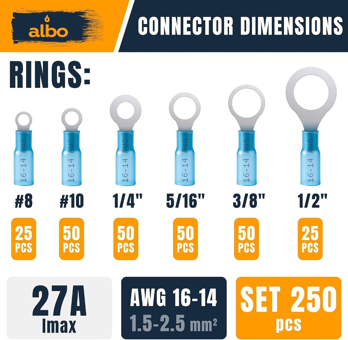 Kit 250 pzas conectores anillo termorretráctil azul 16-14 AWG