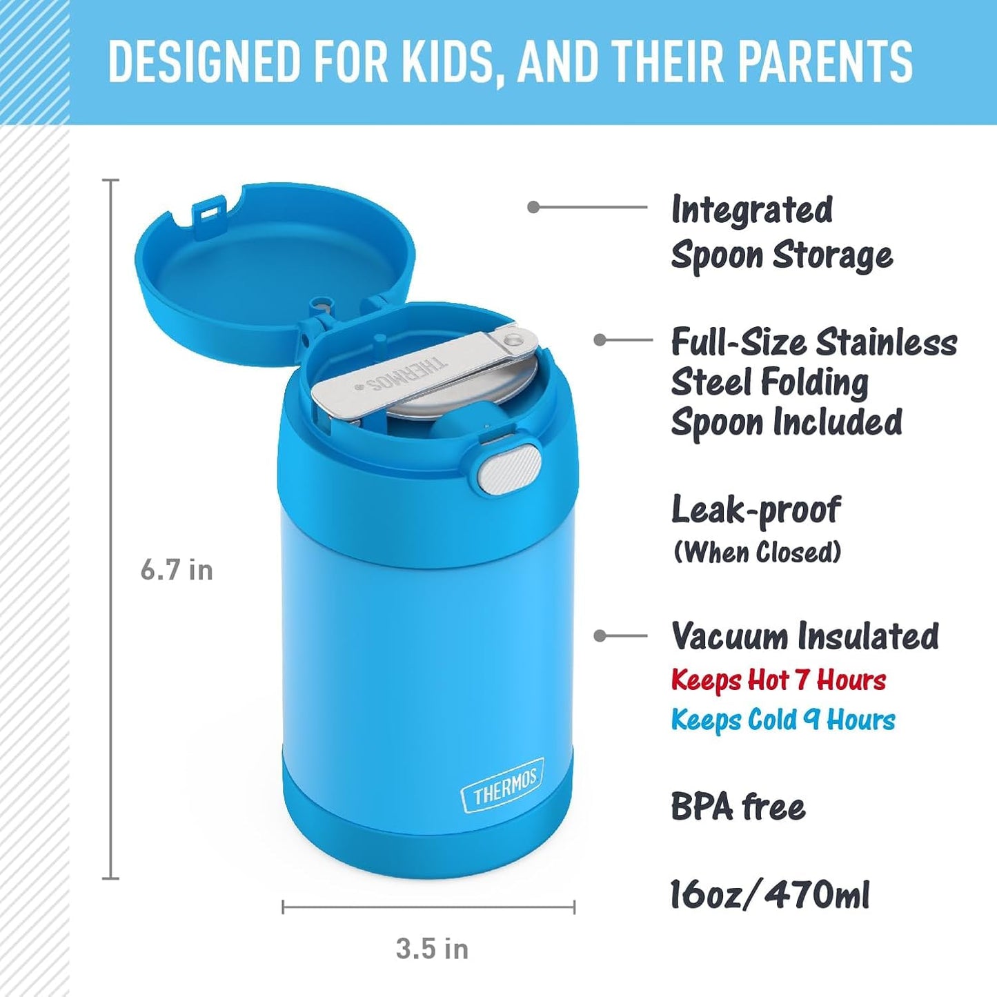 Tarro alimento acero inox 16oz con cuchara plegable azul