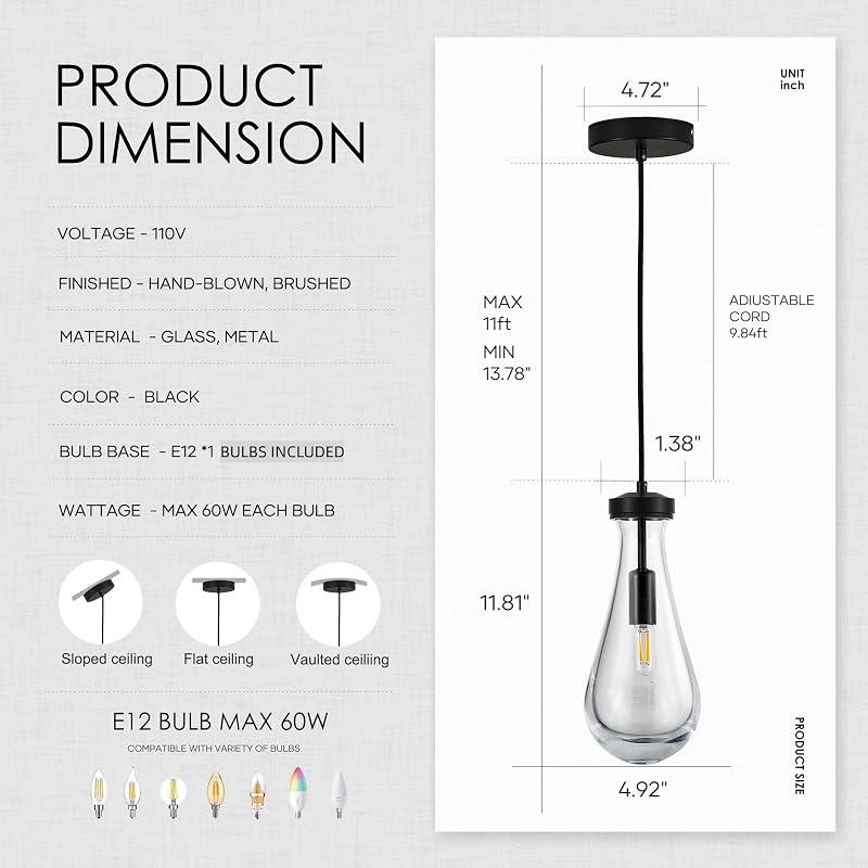 Lámpara colgante vidrio negro forma gota 3uds cocina
