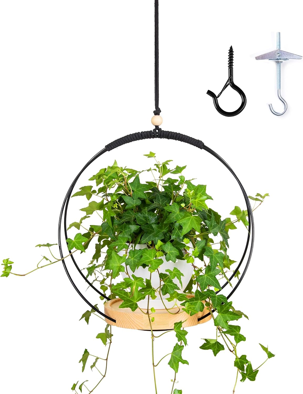 Colgador plantas macramé con cuentas madera 12.6pulg