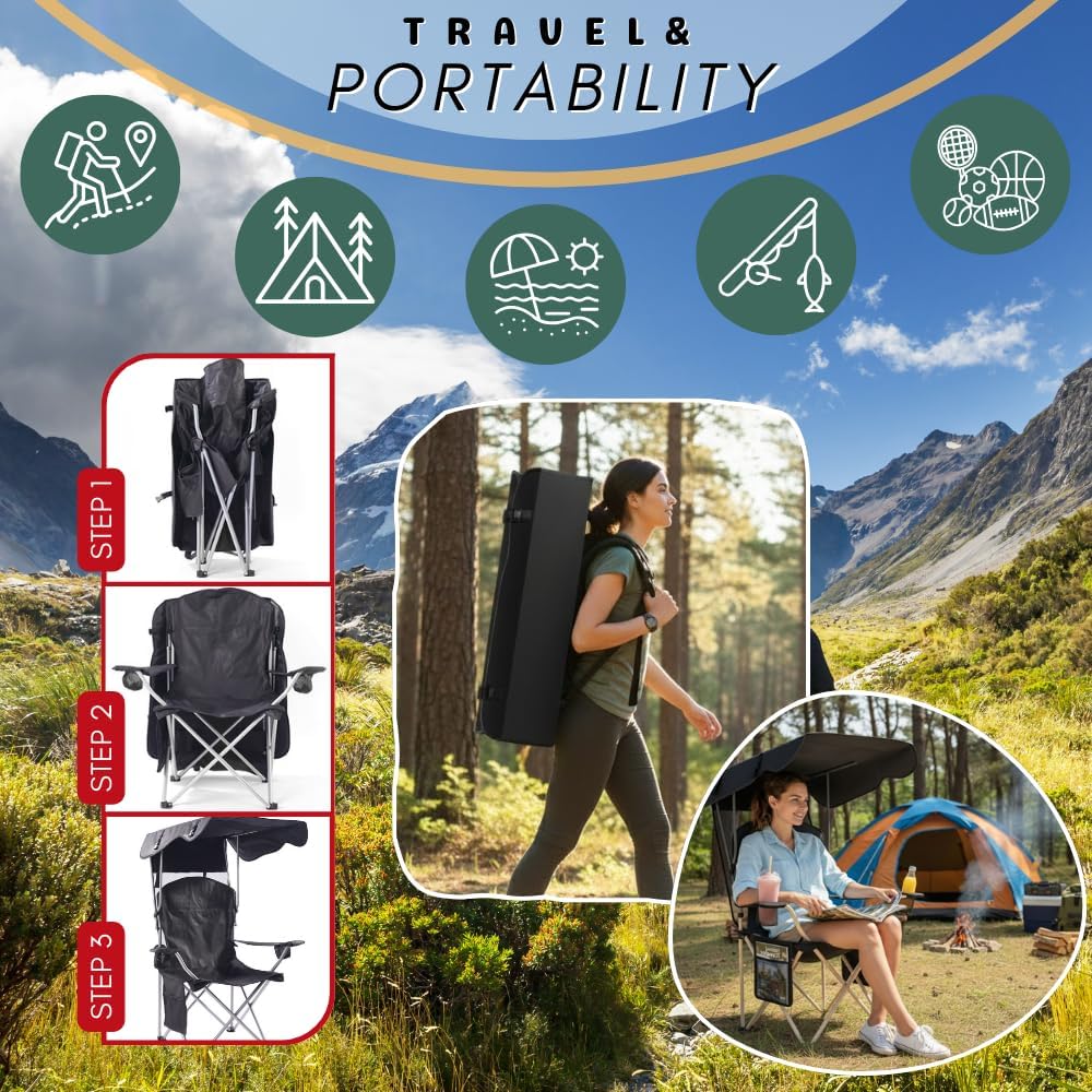 Silla camping plegable con toldo 600D Oxford Negro