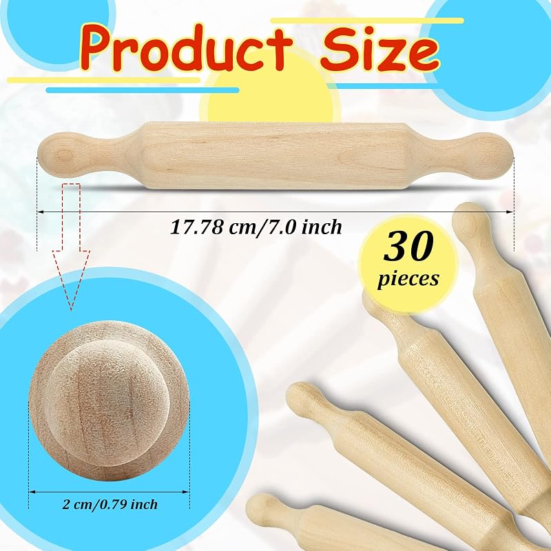 30 Rodillos Madera para Hornear Masa Niños Pastelería 7pulg