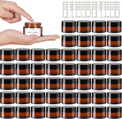 48 Frascos Vidrio Ámbar 1oz con Tapas y Etiquetas