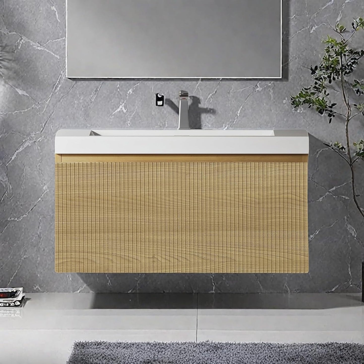 Lavabo flotante pared 30pulg resina cajón U madera rayas