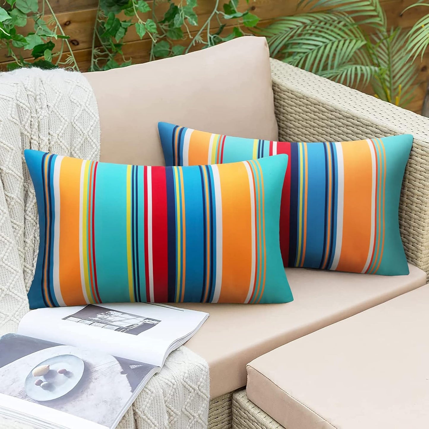 2 Pzas Fundas Almohada Lumbar Exteriores 12x20" Rayas Azul