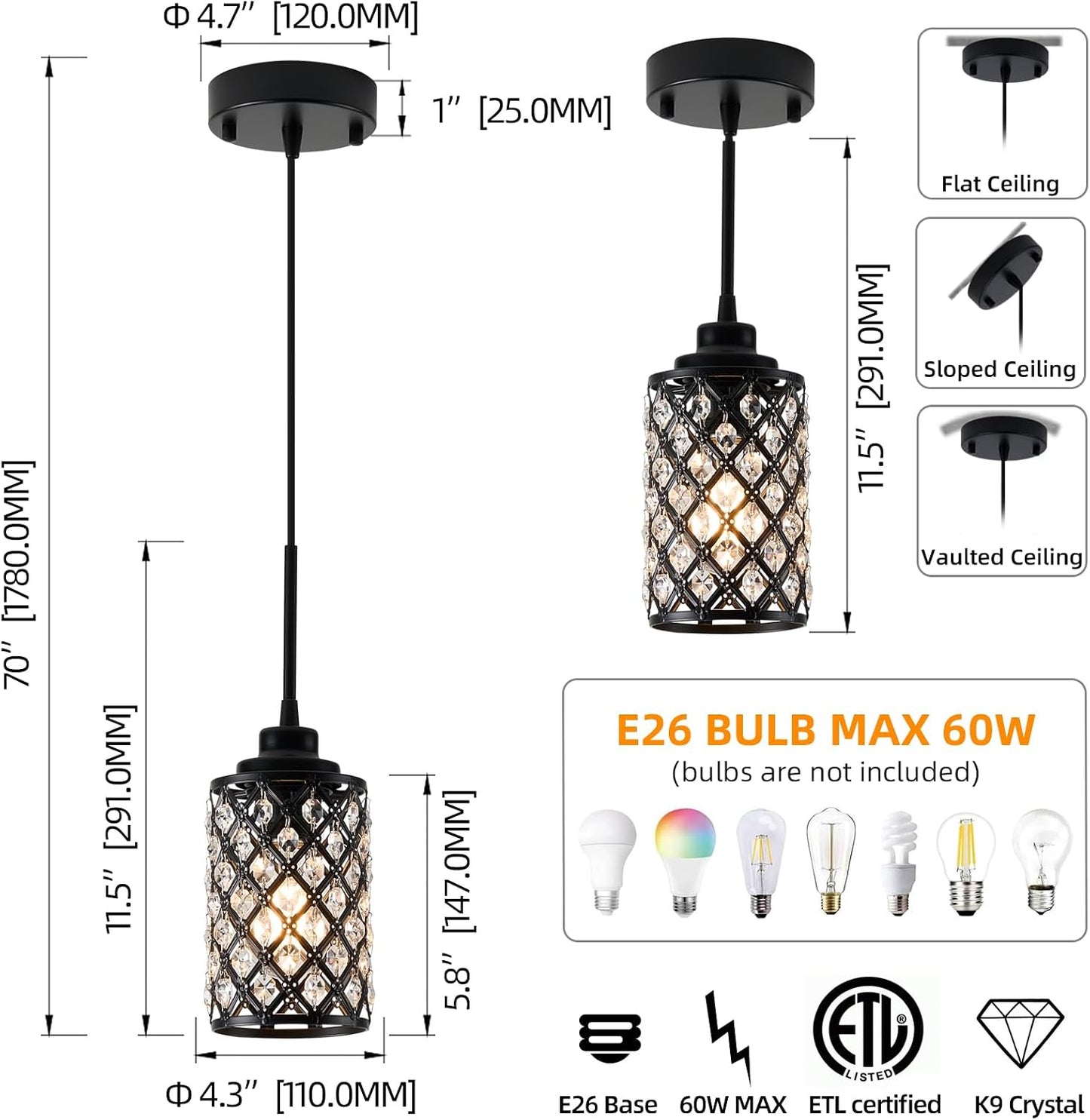 3 Pzas Lámpara Colgante Cristal K9 Negro Mate