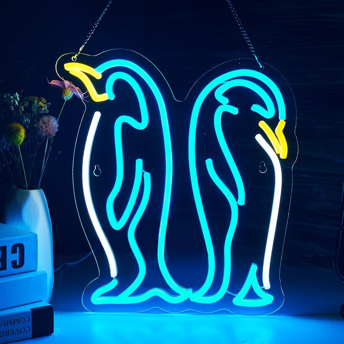 Lámpara pingüino con letrero neón para habitación adolescente
