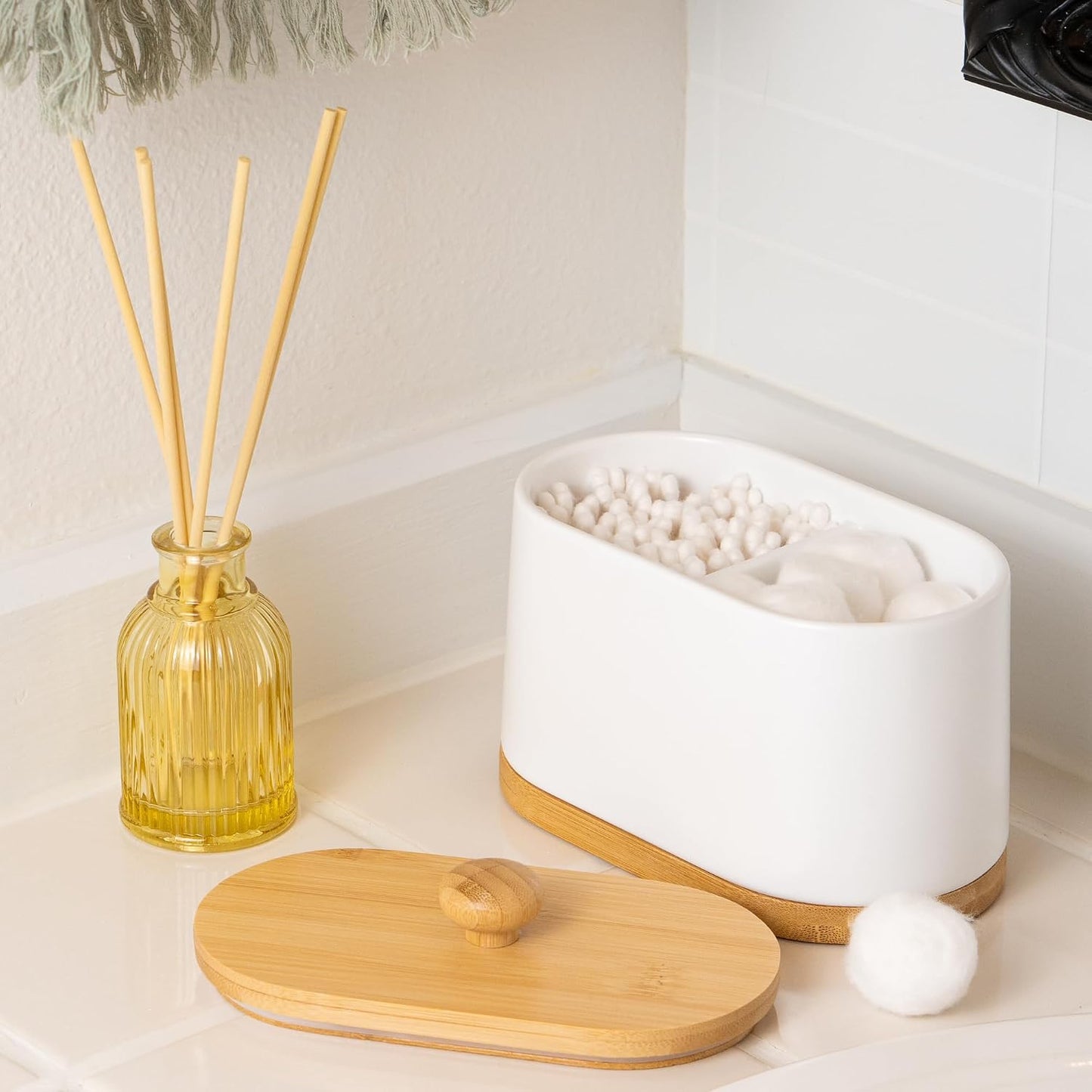 Dispensador hisopos algodón blanco doble compartimento bambú