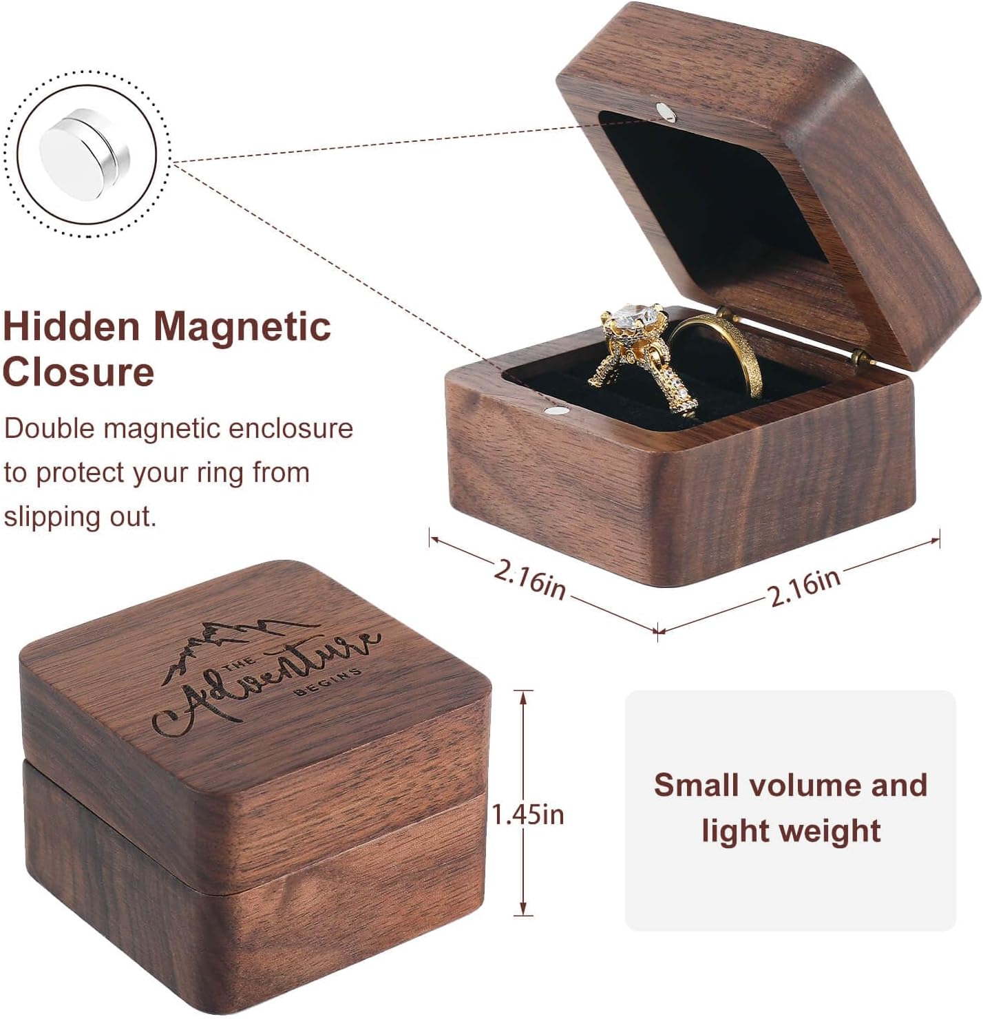 Caja de madera para anillos de boda y compromiso