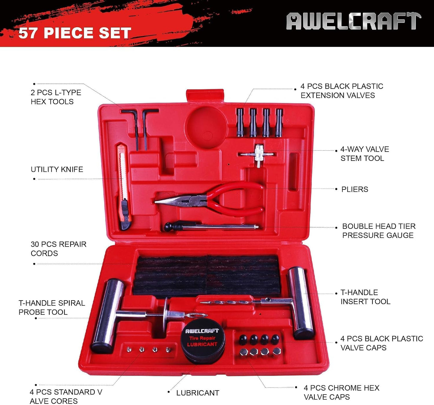 Kit herramientas reparación neumáticos 57pzas moto auto