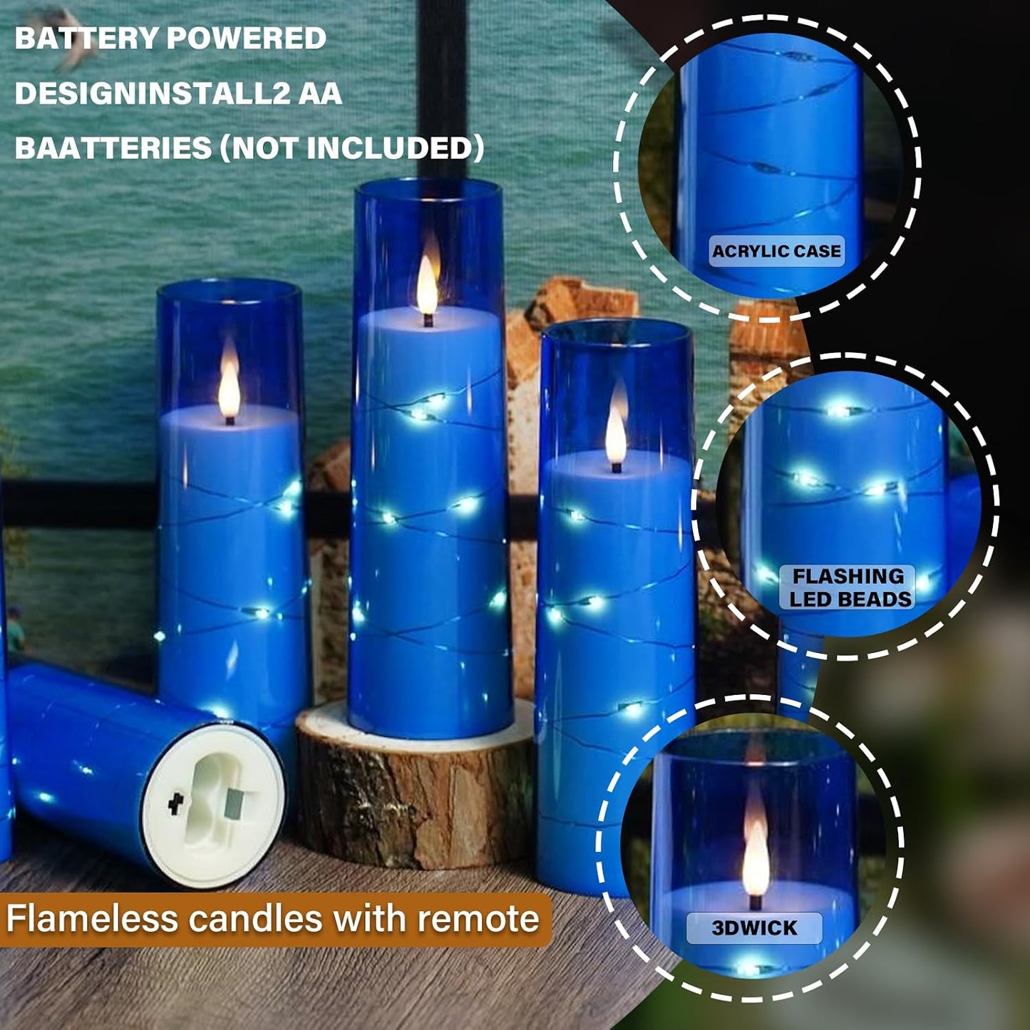 Velas LED parpadeantes 9 pzas cadena estrellas control