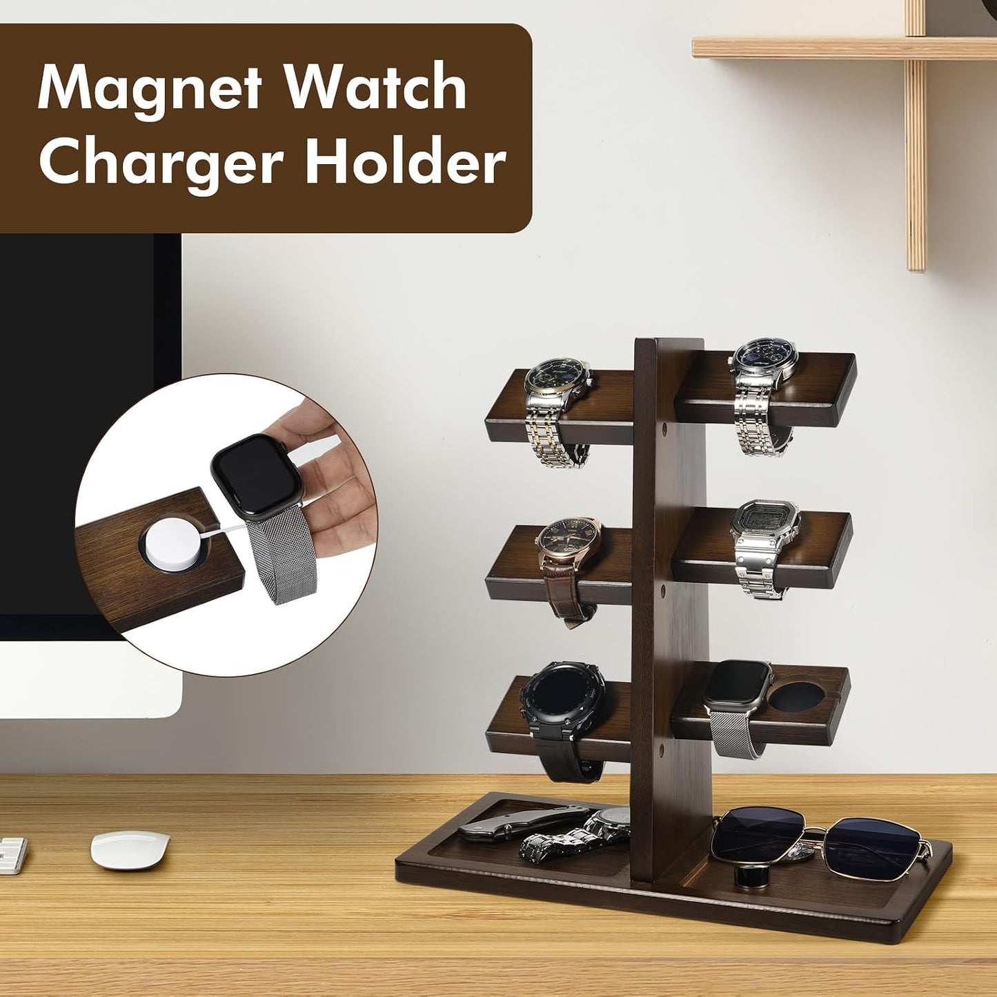 Soporte reloj madera con estación carga y organiz. joyas