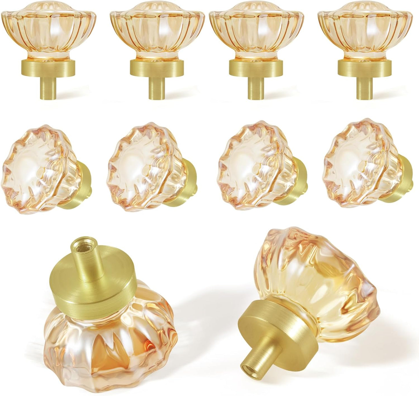 Pomos vidrio cajones tocador pack 8 base latón satinado/oro