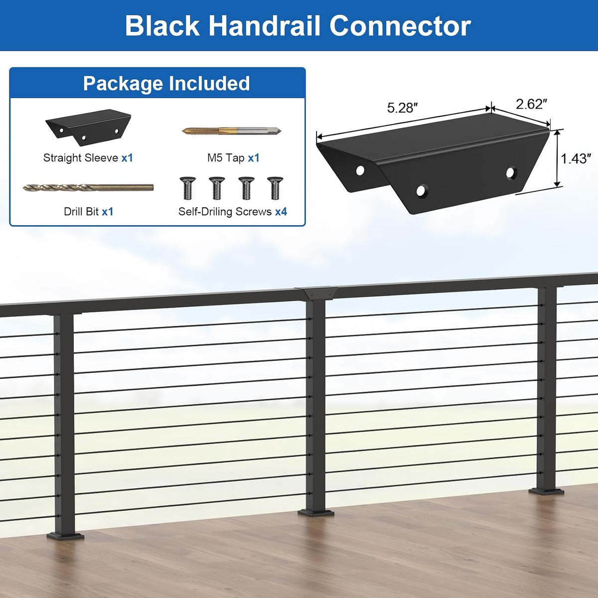 Funda conector barandilla negra aluminio extensión recta