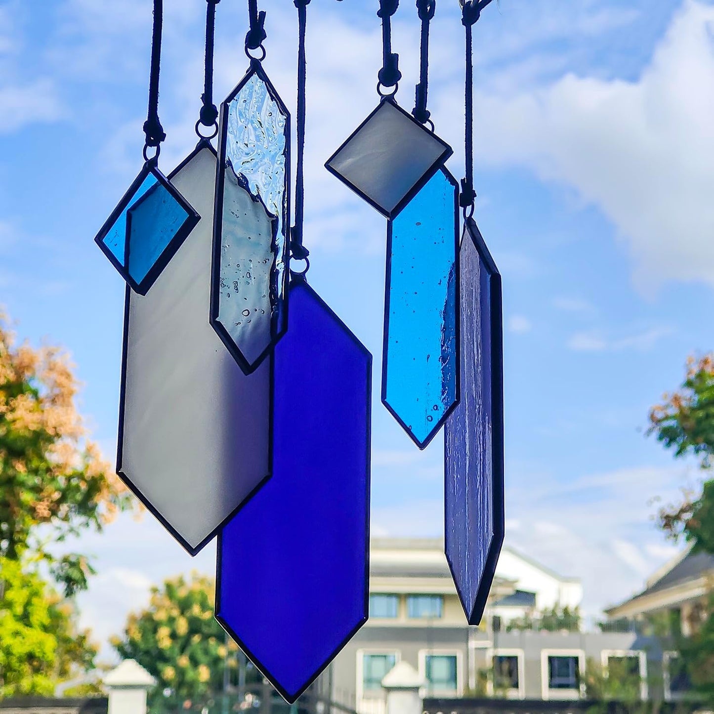7 Pzas Vitrales Colgantes Modernos Azul para Ventana