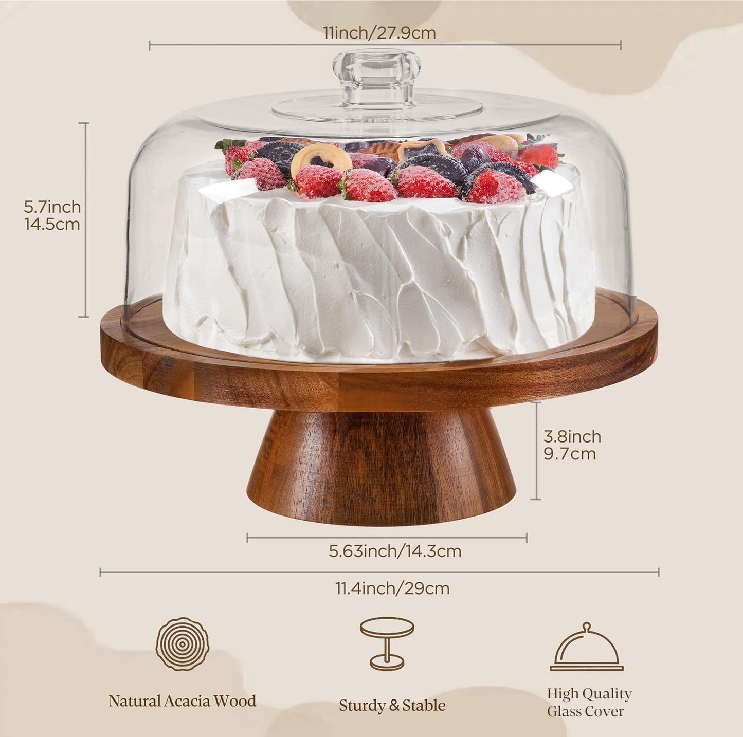 Soporte tartas cristal 28.9cm madera acacia 6en1