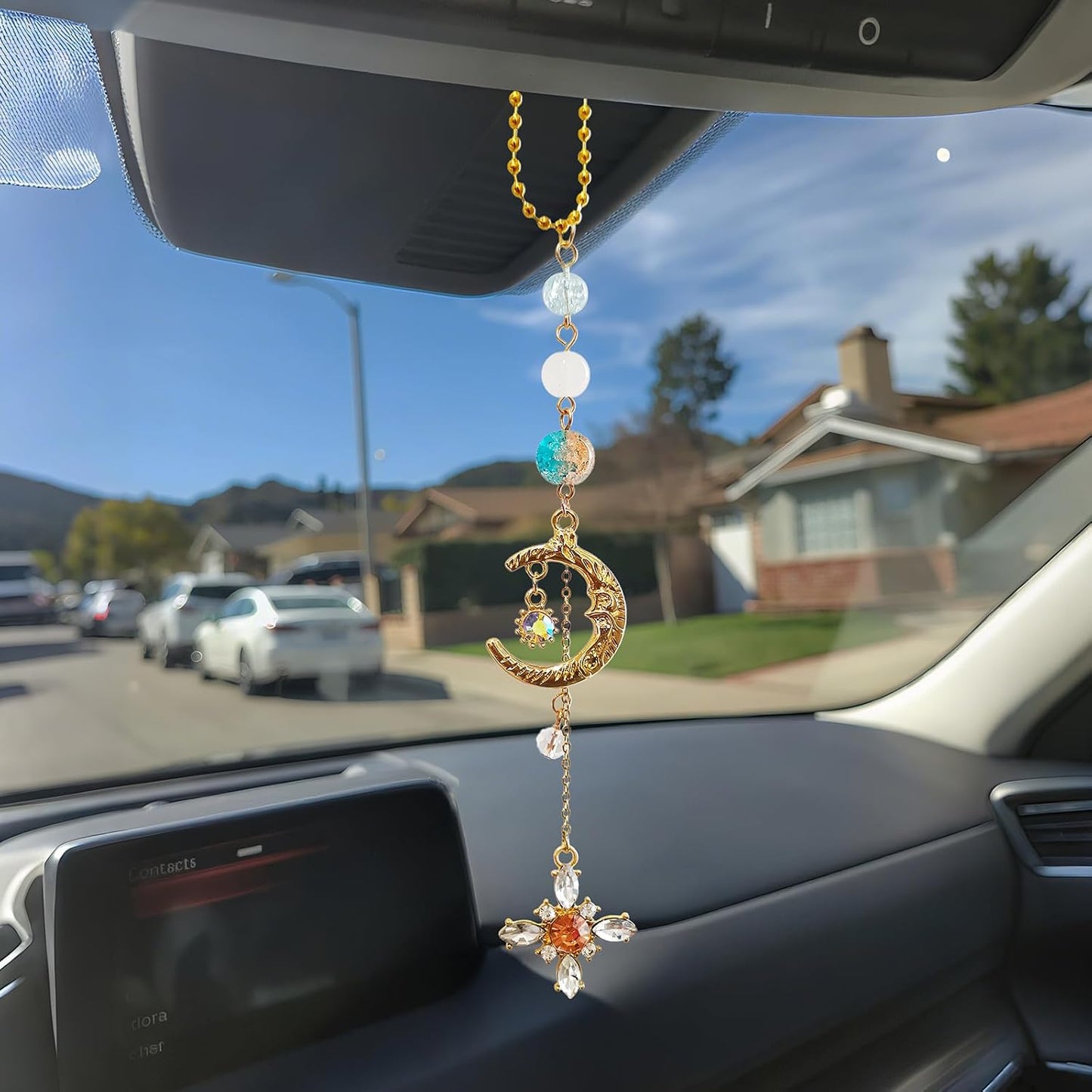 Colgante coche sol luna decoración boho con cristales curativos