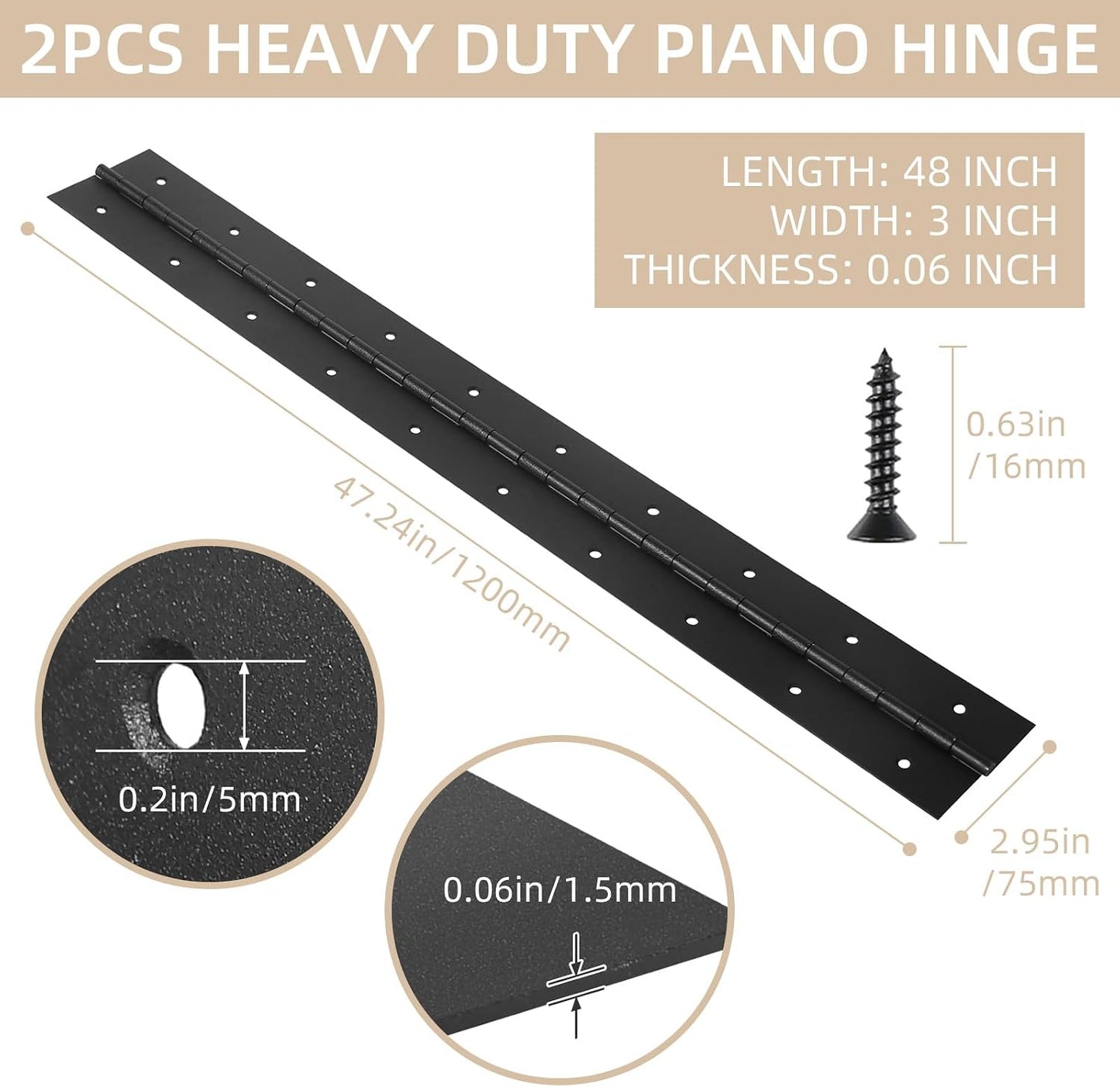 2 Pzas Bisagras Piano Acero Inox 48x3pulg Negro para Muebles