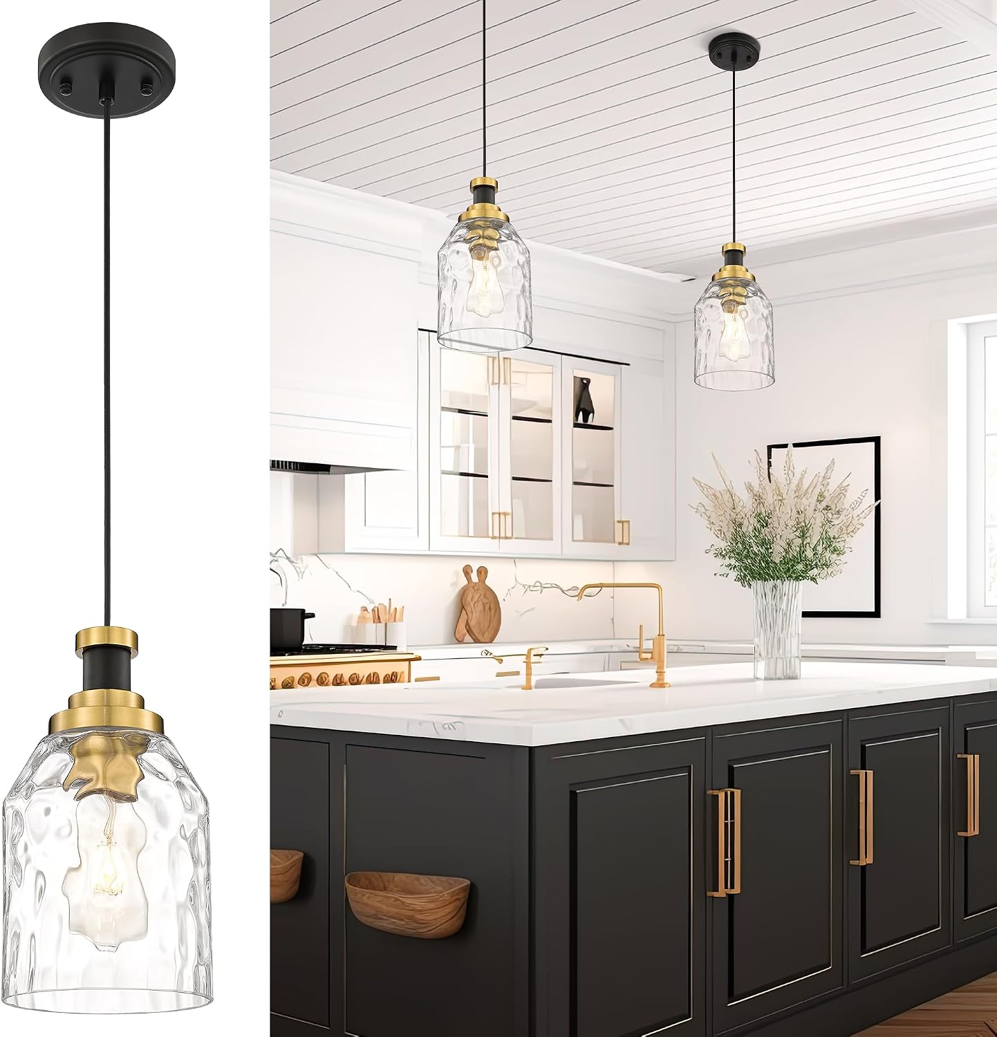 Lámpara colgante isla cocina pantalla vidrio ondulado negro