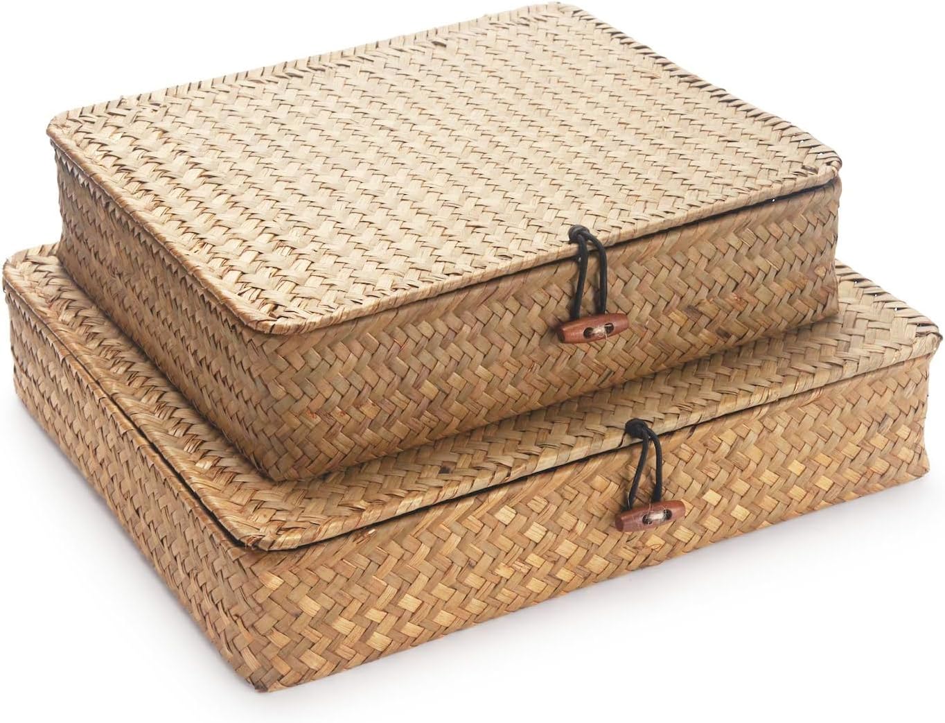 Canasta mimbre plana con tapa para estante decorativa