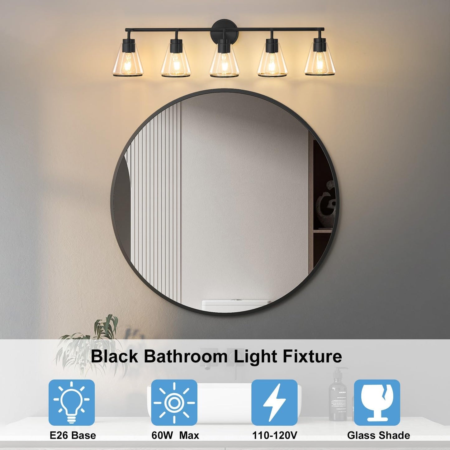 Lámpara baño 5 luces 38.5pulg vidrio luz negra